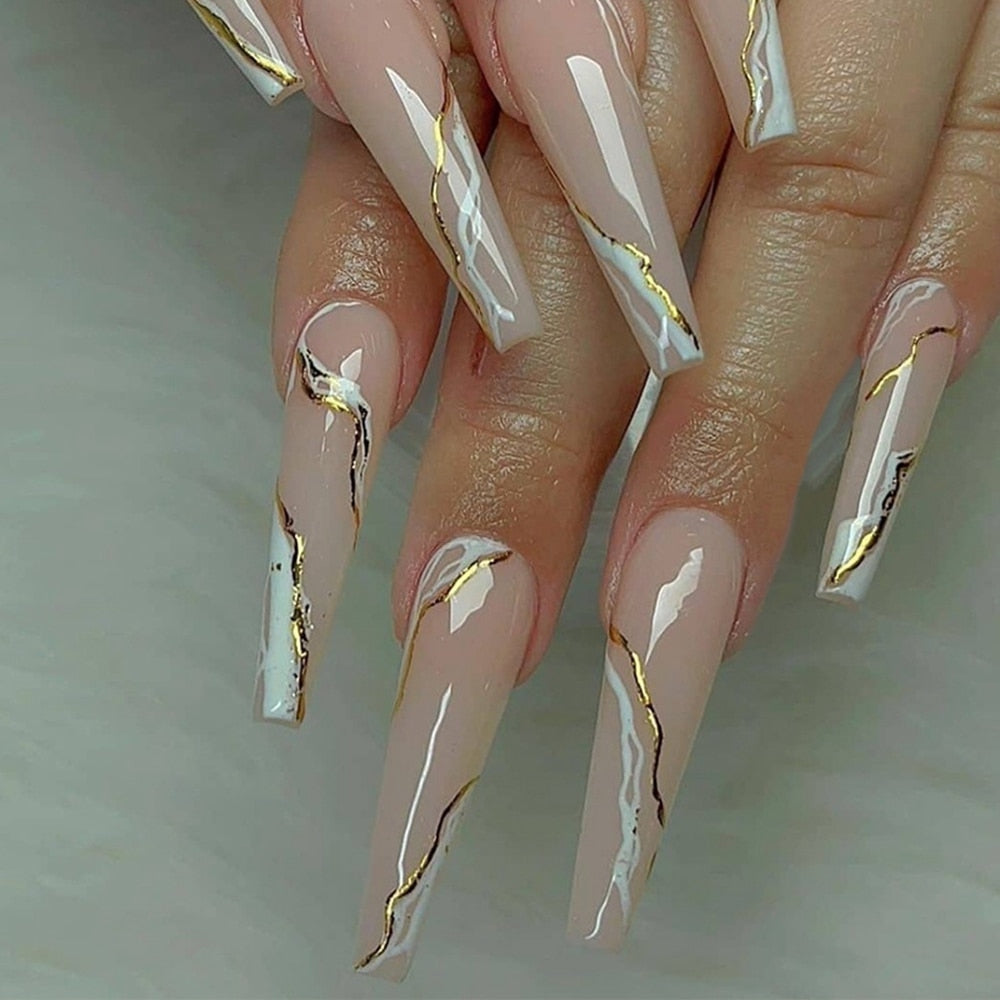 24pcs Press On Nails Nude Pink False Nails Long White Gold Line Decals Coffin Fake Nails Removable Ballerina Faux Nail Art Tips