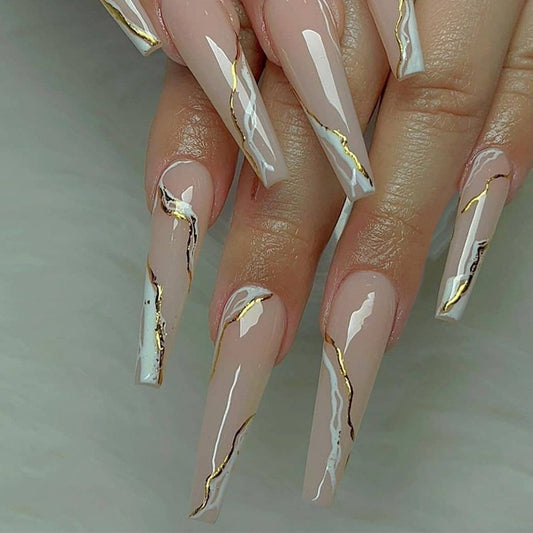 24pcs Press On Nails Nude Pink False Nails Long White Gold Line Decals Coffin Fake Nails Removable Ballerina Faux Nail Art Tips