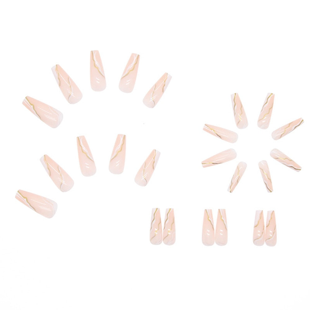 24pcs Press On Nails Nude Pink False Nails Long White Gold Line Decals Coffin Fake Nails Removable Ballerina Faux Nail Art Tips