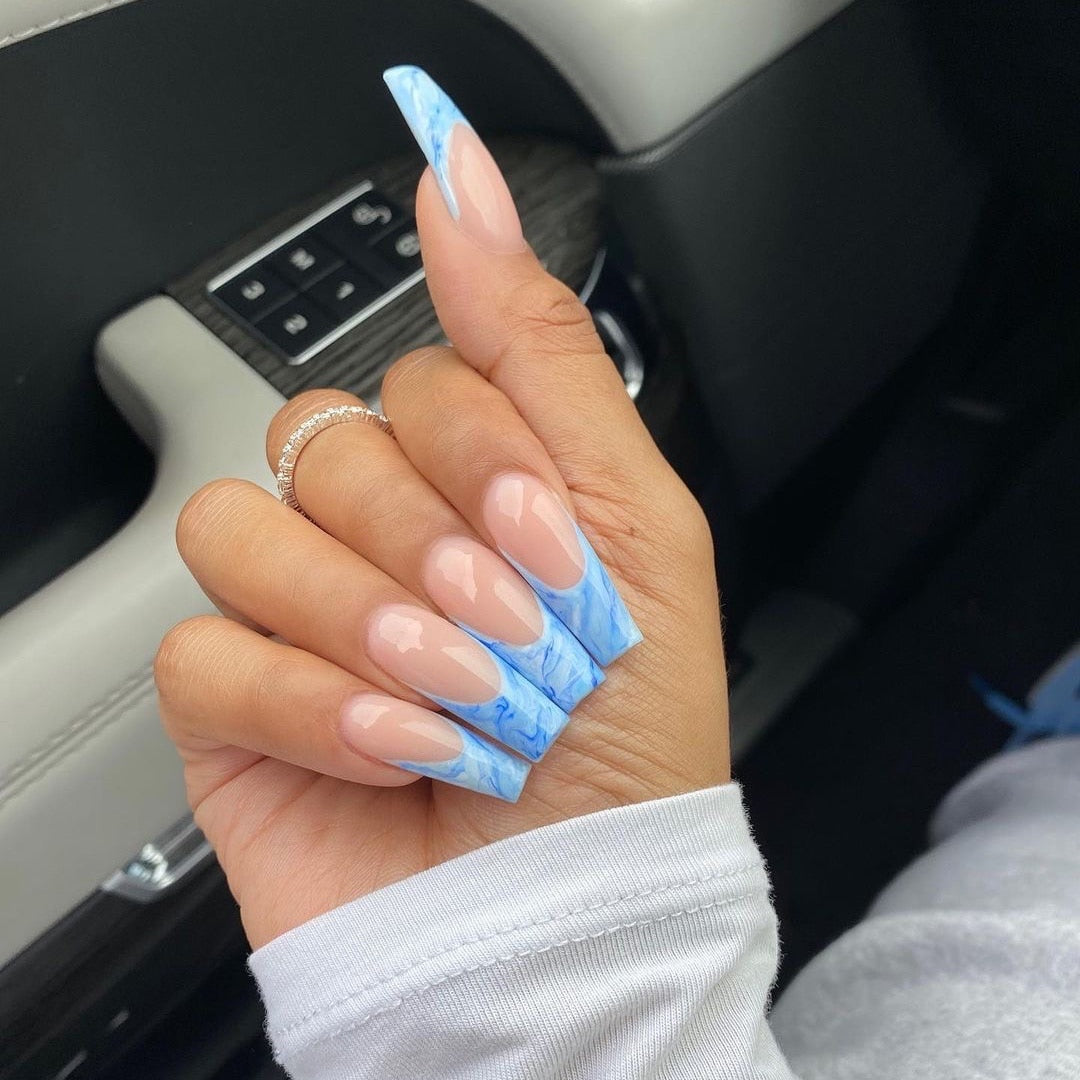 24Pcs/Set Long Coffin Blue Waves Design False Nail French Full Cover Fake Nails Glue DIY Manicure Nail Art Tools Detachable