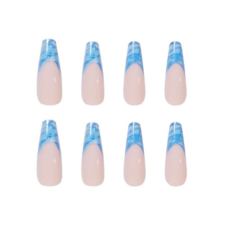 24Pcs/Set Long Coffin Blue Waves Design False Nail French Full Cover Fake Nails Glue DIY Manicure Nail Art Tools Detachable