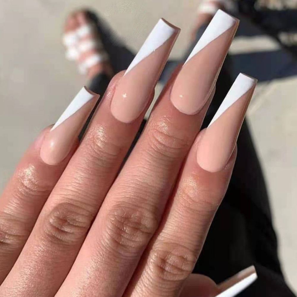 24Pcs White Oblique French Long Ballet False Nails Full Nail Tips Reusable Ultra Thin Nude Color Fake Nails with Liquid Glue