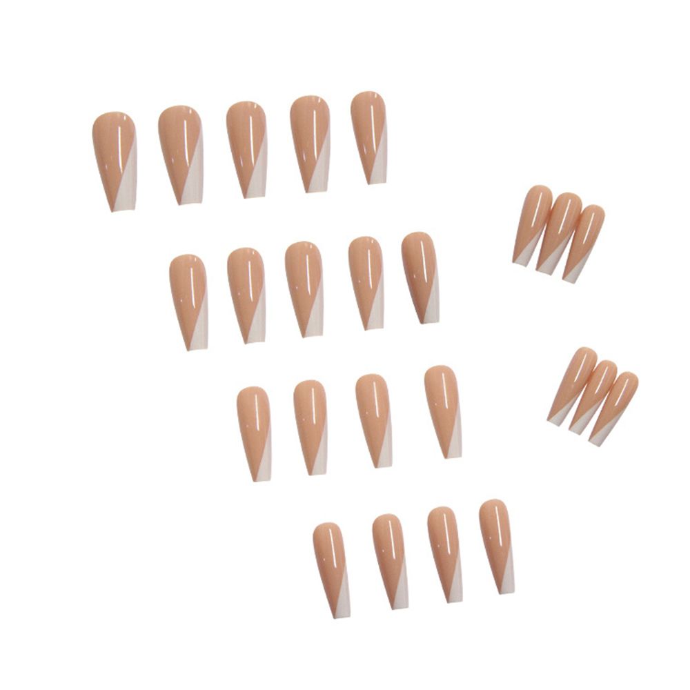 24Pcs White Oblique French Long Ballet False Nails Full Nail Tips Reusable Ultra Thin Nude Color Fake Nails with Liquid Glue