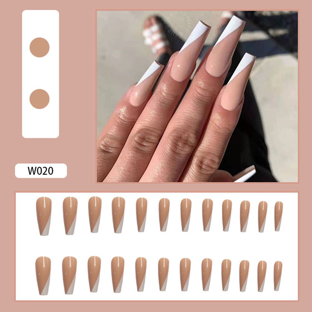 24Pcs White Oblique French Long Ballet False Nails Full Nail Tips Reusable Ultra Thin Nude Color Fake Nails with Liquid Glue