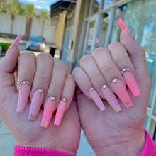 Load image into Gallery viewer, Long Coffin False Nails Crystal Shiny French Ballerina Fake Nails with Design Wearable Nail Stickers Pink Full Cover Nail Tips