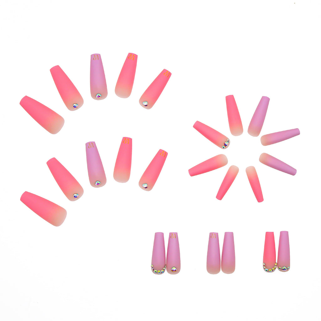 Long Coffin False Nails Crystal Shiny French Ballerina Fake Nails with Design Wearable Nail Stickers Pink Full Cover Nail Tips